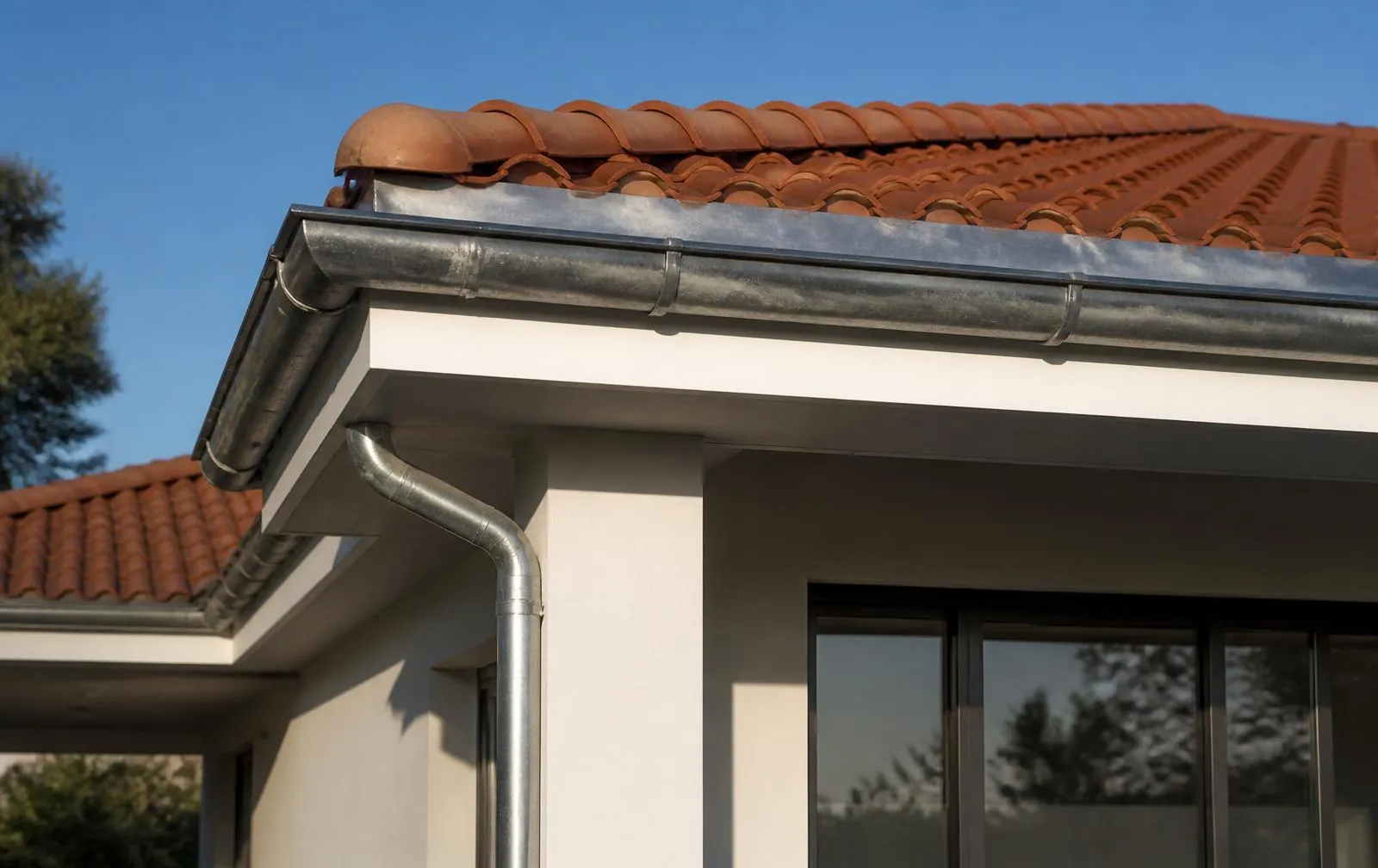 Casa residencial com telhado de telhas cerâmicas, calha e rufo em aço galvanizado instalados com acabamento profissional